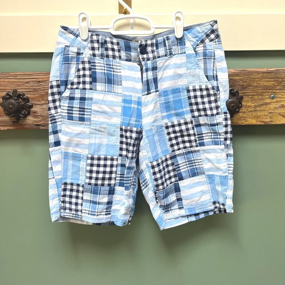 LL Bean Favorite Fit Patchwork Madras Shorts Blue White Plaid Gingham Womens 4